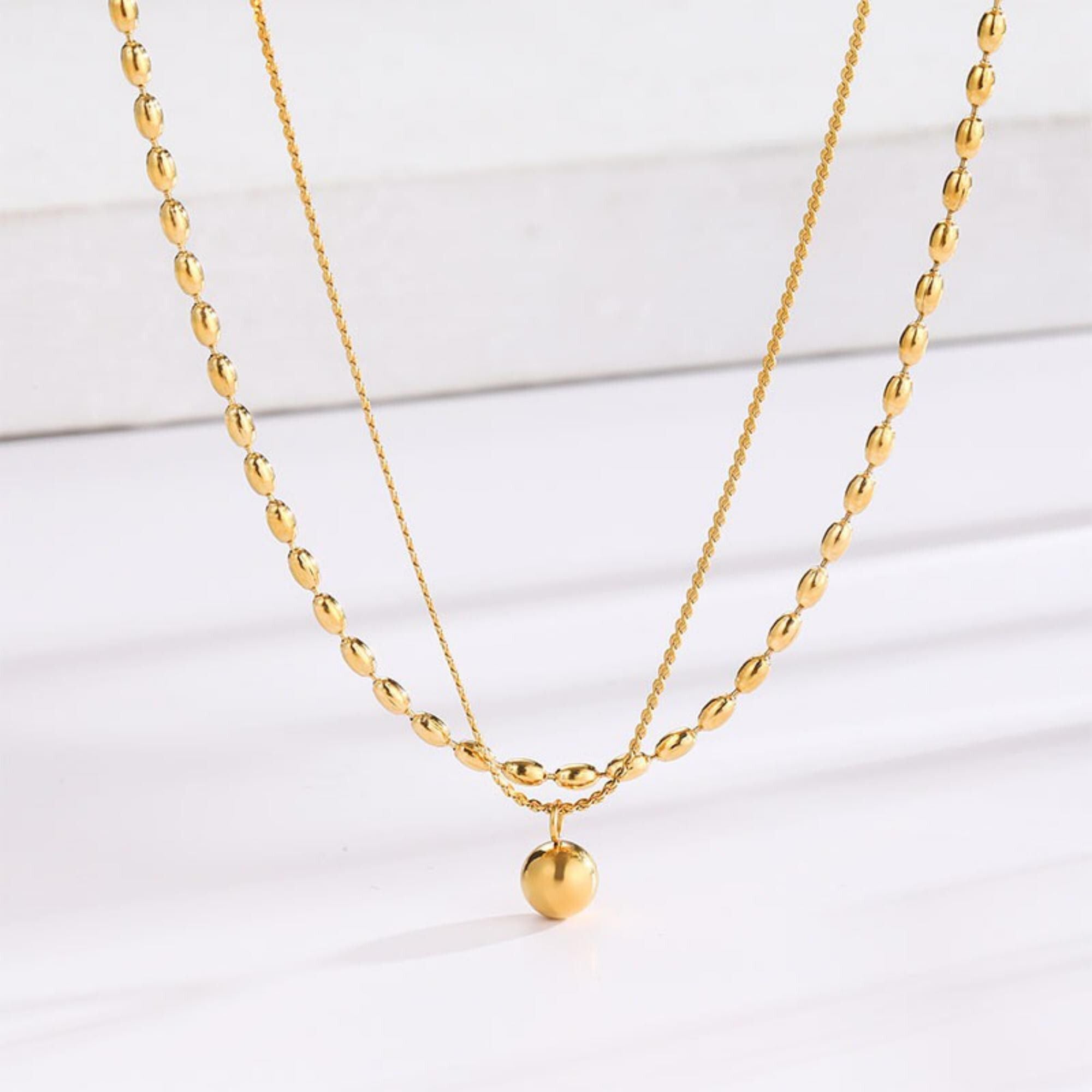 MYKI Anti-Tarnish Double Layer Necklace with Bead Charm (MK707G-SSYI)