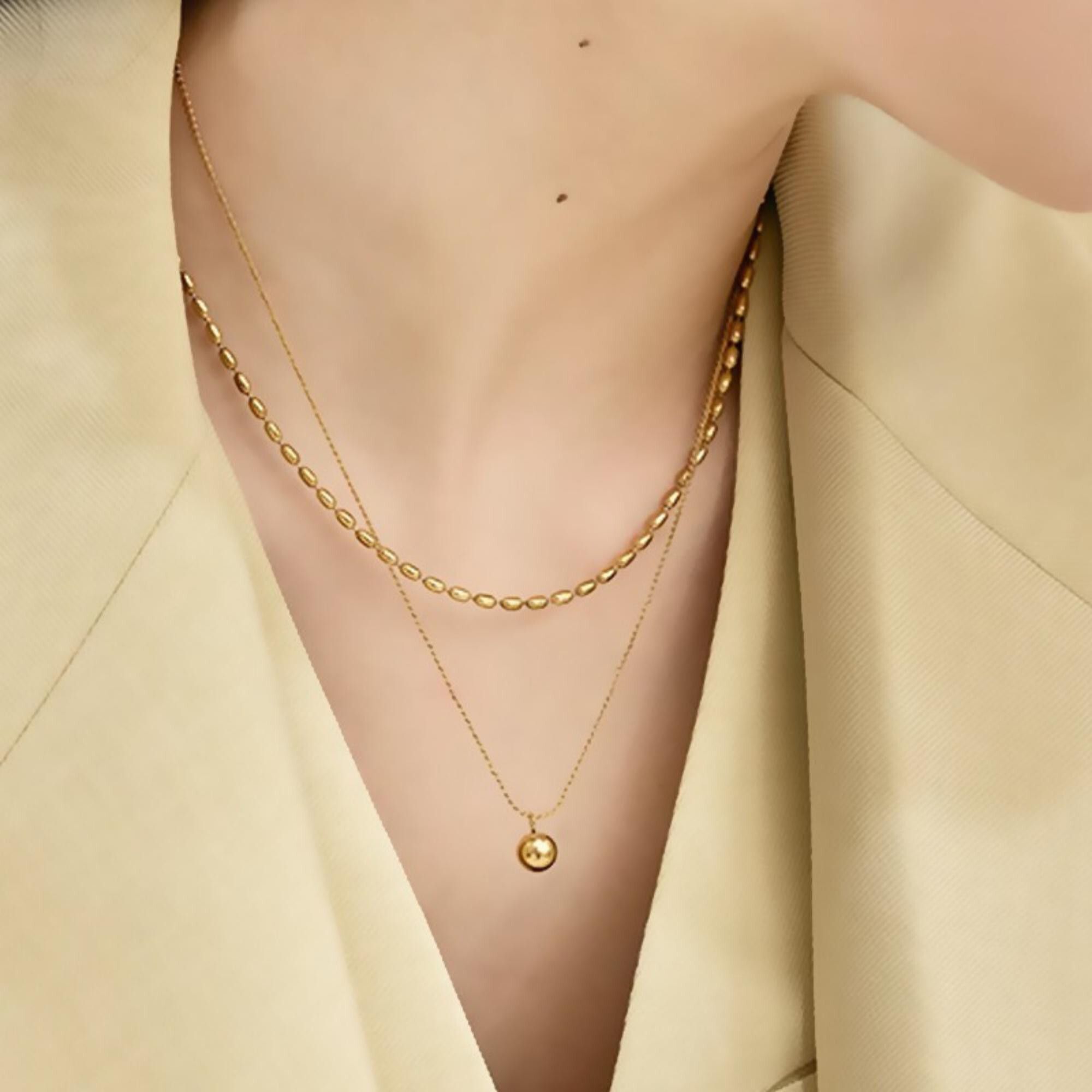 MYKI Anti-Tarnish Double Layer Necklace with Bead Charm (MK707G-SSYI)