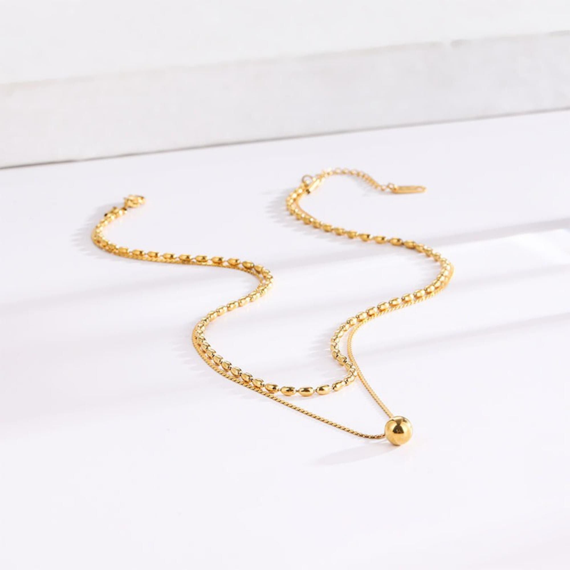 MYKI Anti-Tarnish Double Layer Necklace with Bead Charm (MK707G-SSYI)