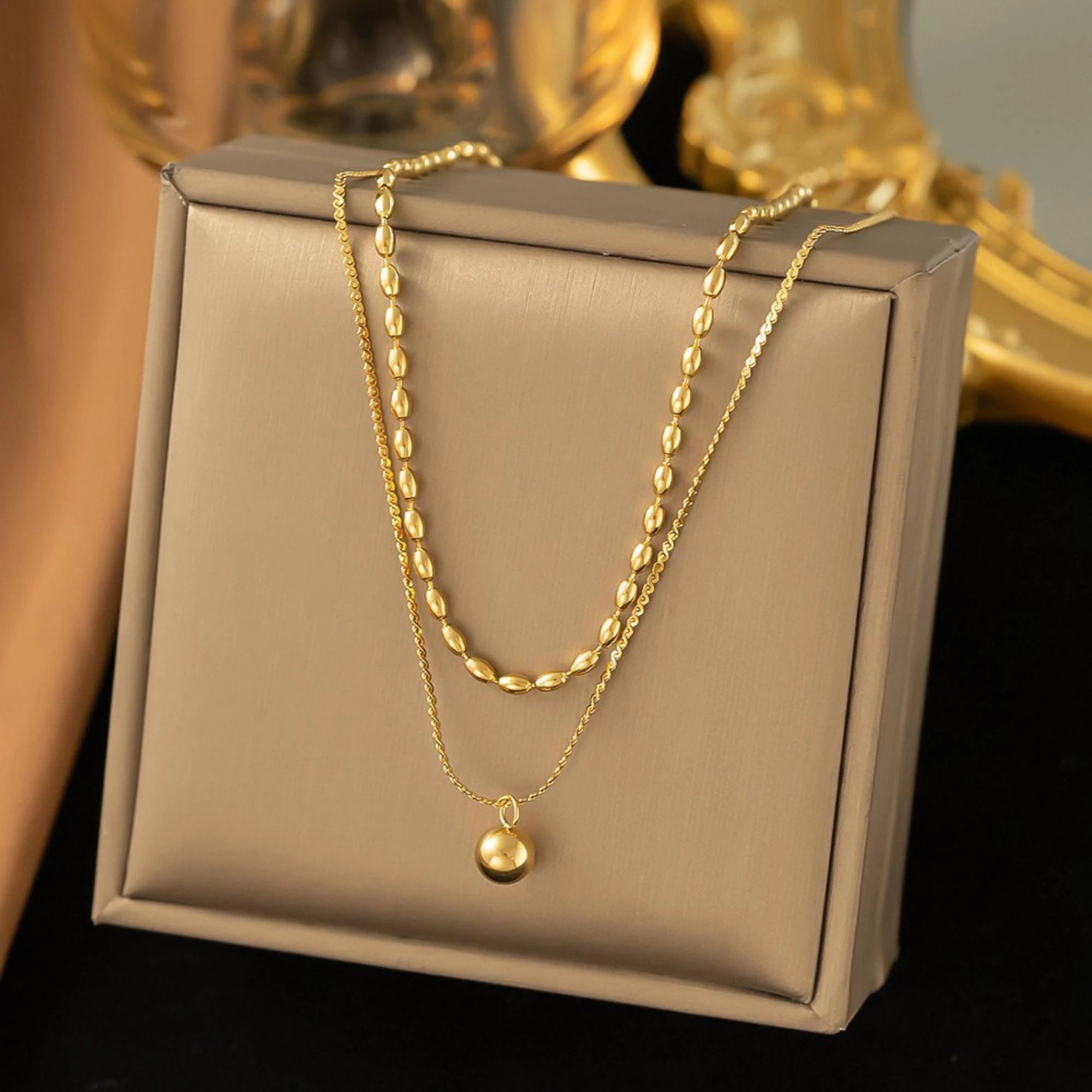 MYKI Anti-Tarnish Double Layer Necklace with Bead Charm (MK707G-SSYI)