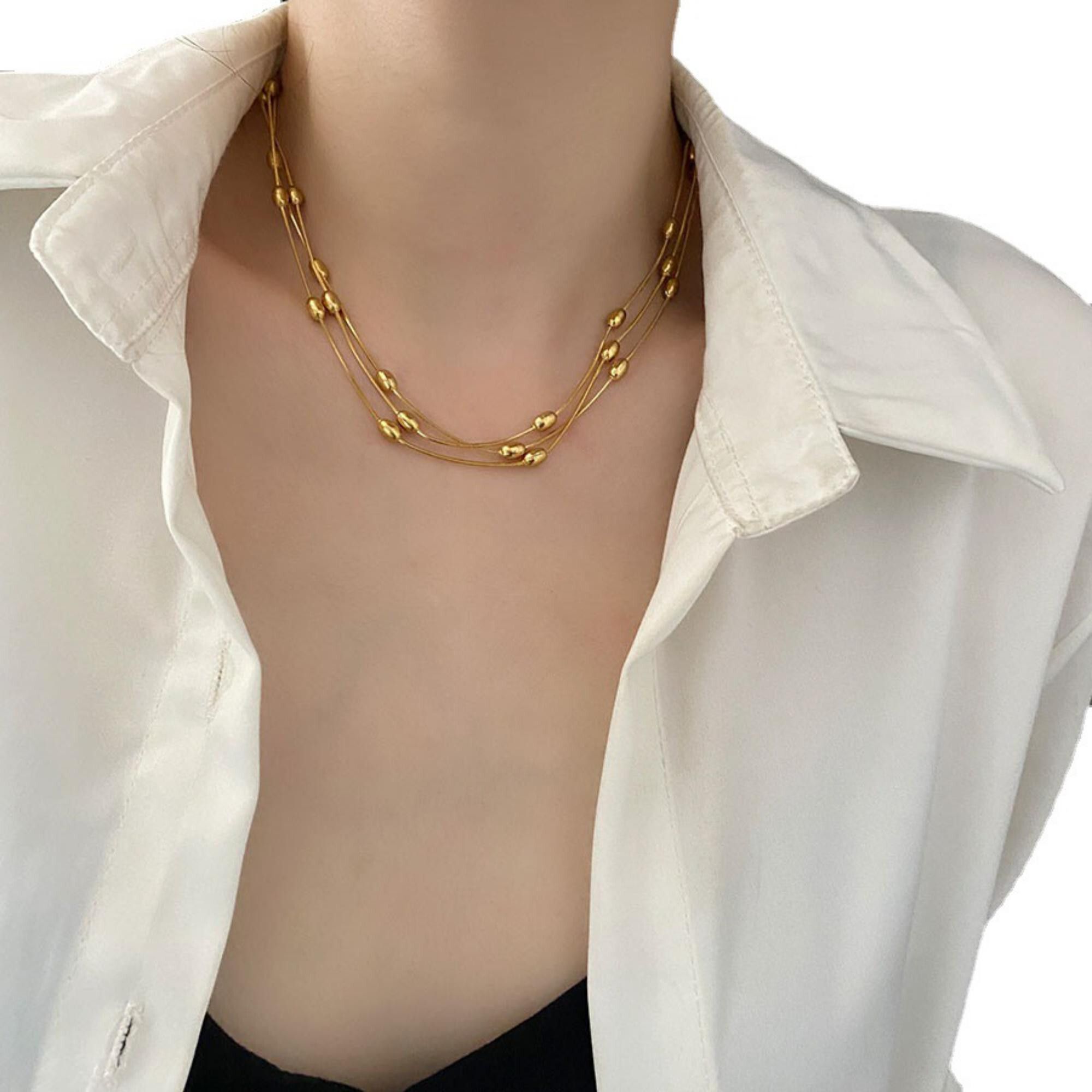 MYKI Anti-Tarnish Multi-Layer Beaded Necklace (MK719-SSYI)