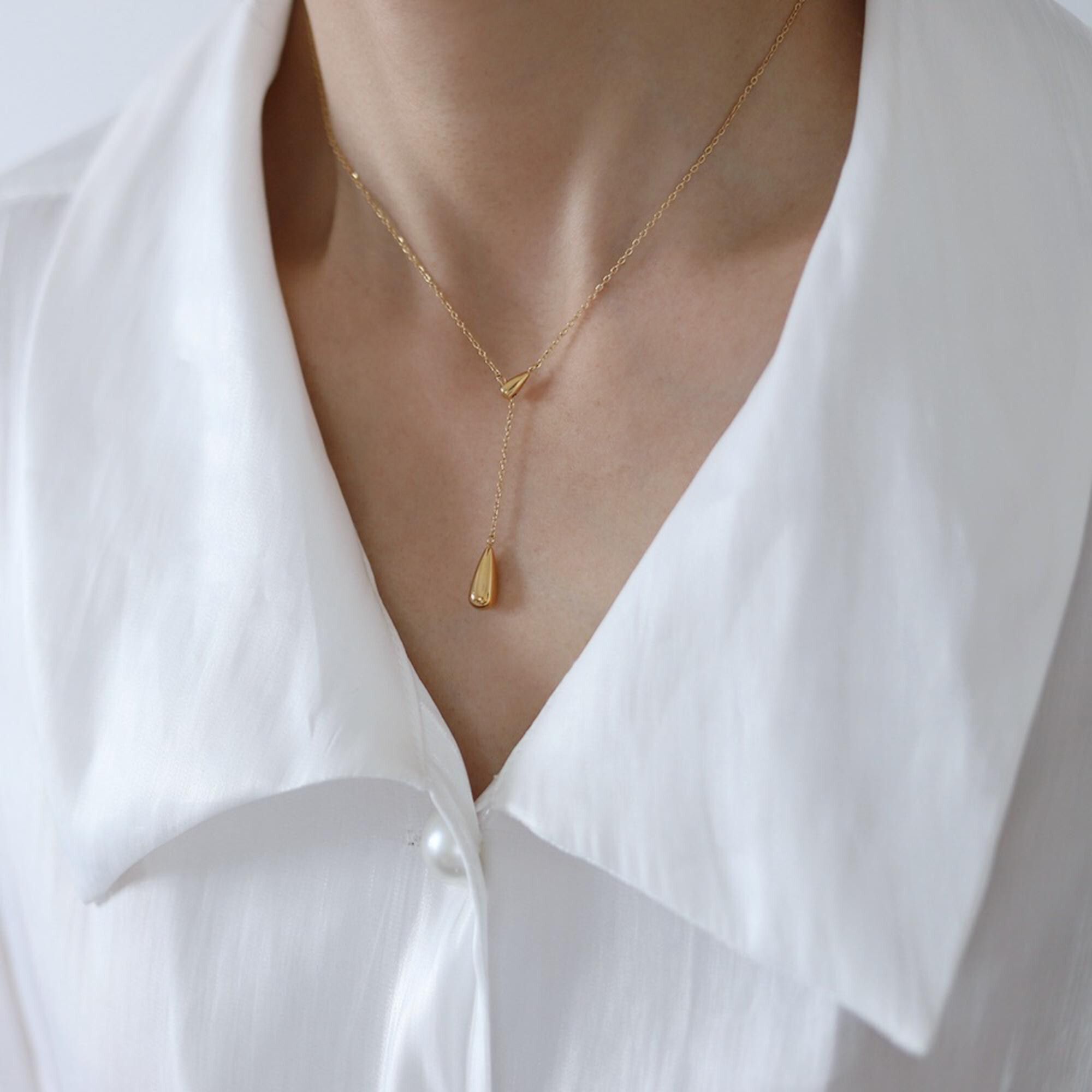 MYKI Anti-Tarnish Stainless Steel Gold Plated Long Drop Pendant Necklace (MK794G-SSYI)