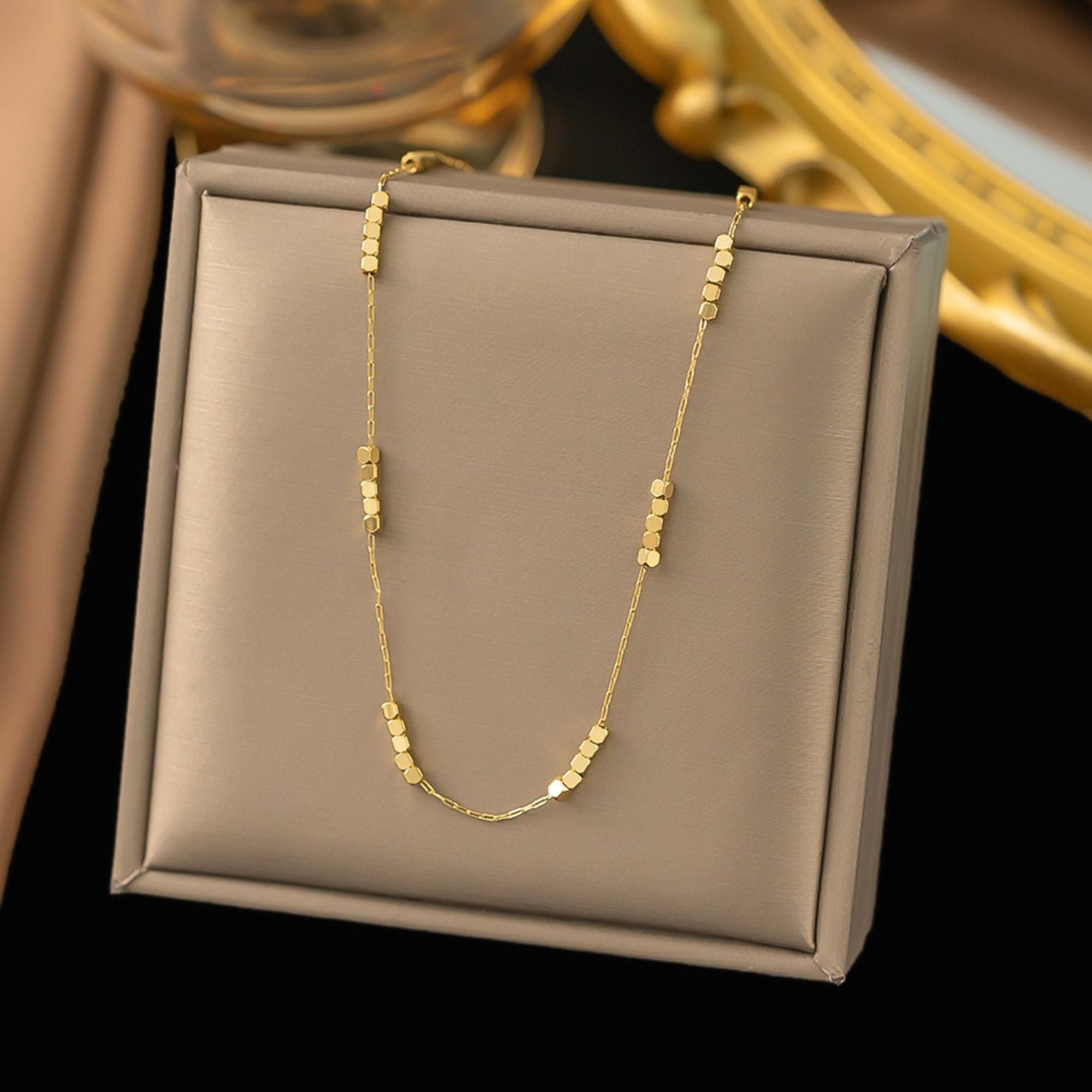 MYKI Gold Nugget Bead Necklace – Anti Tarnish Hex Bead Minimal Chain (MK828G-SSYI)
