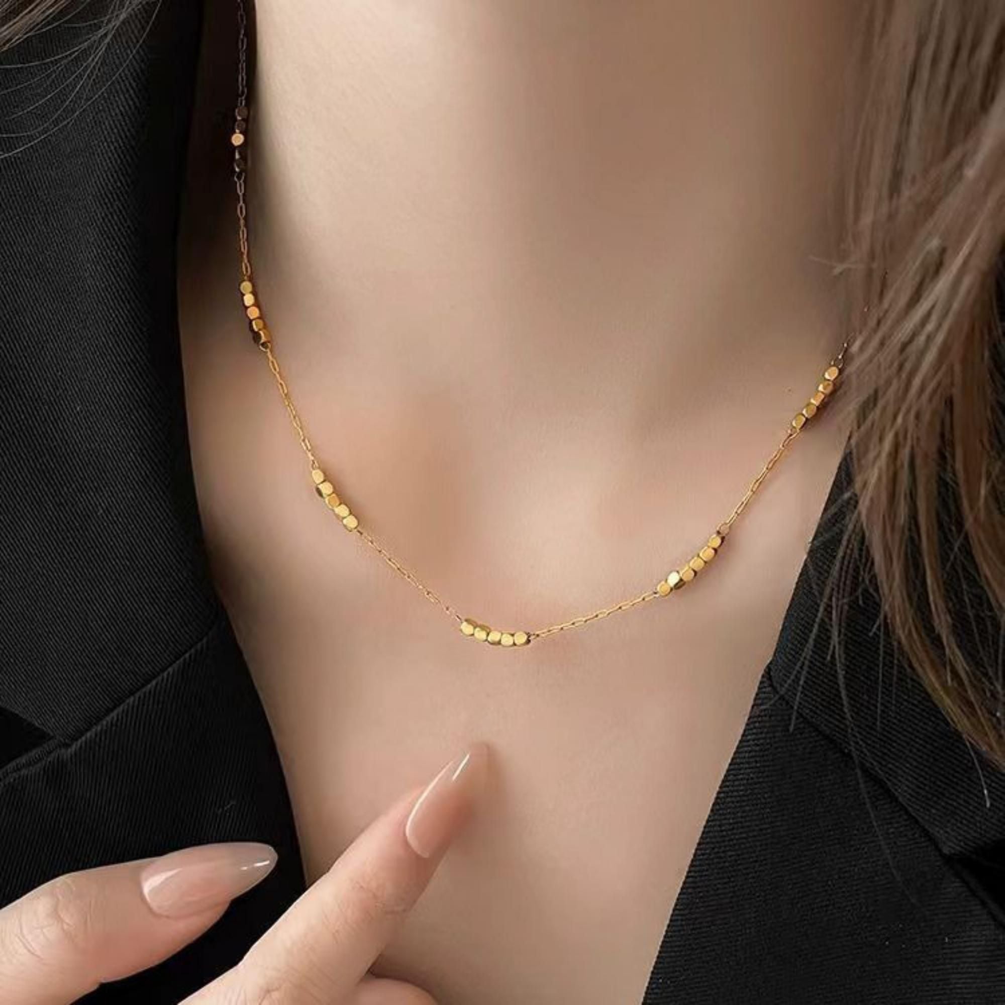 MYKI Gold Nugget Bead Necklace – Anti Tarnish Hex Bead Minimal Chain (MK828G-SSYI)