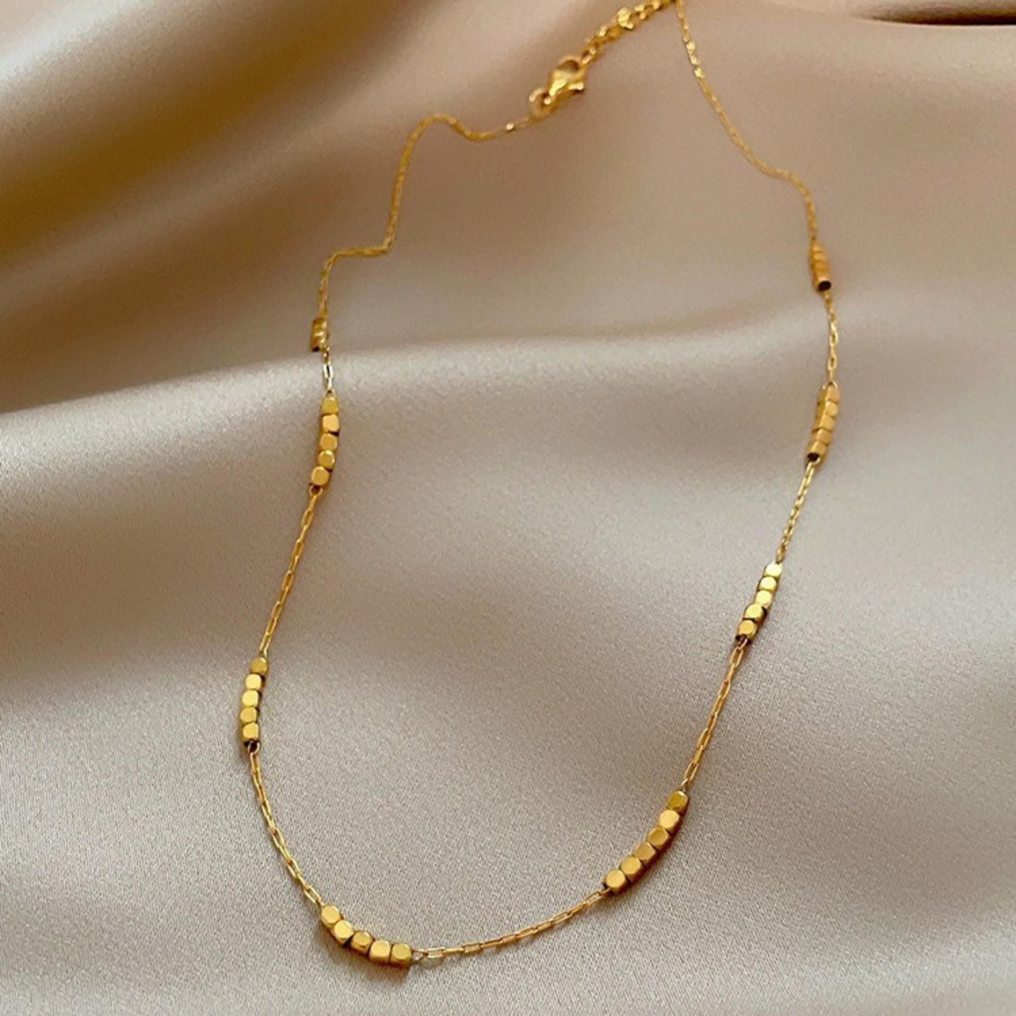 MYKI Gold Nugget Bead Necklace – Anti Tarnish Hex Bead Minimal Chain (MK828G-SSYI)