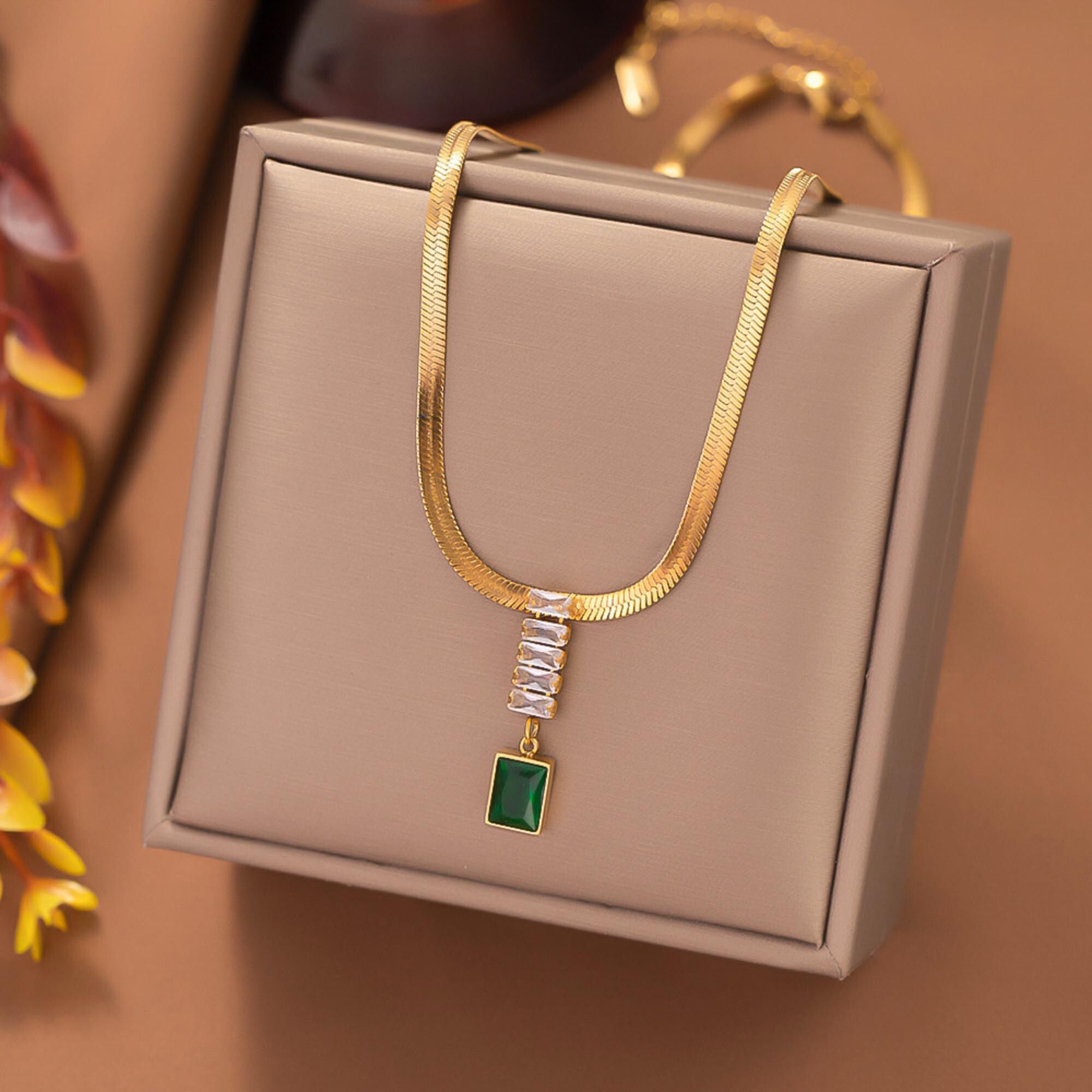 MYKI Anti-Tarnish Stainless Steel Gold Plated Green Stone Pendant Necklace (MK872G-GREEN-SSYI)