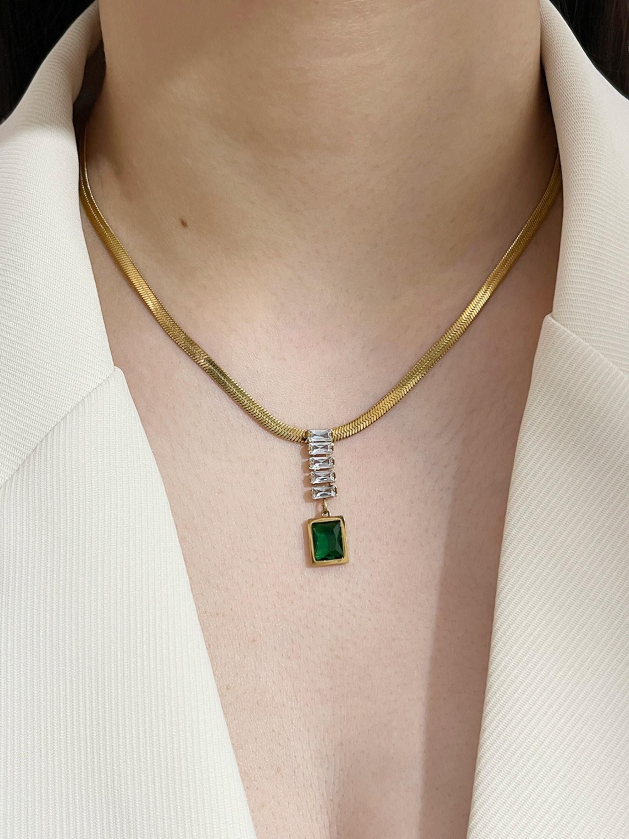 MYKI Anti-Tarnish Stainless Steel Gold Plated Green Stone Pendant Necklace (MK872G-GREEN-SSYI)