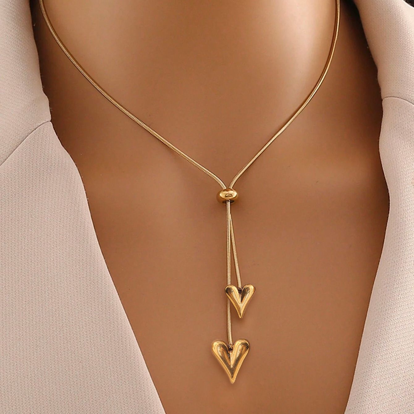 MYKI Gold-Plated Double Heart Drop Pendant Necklace (MK892G-SSYI)