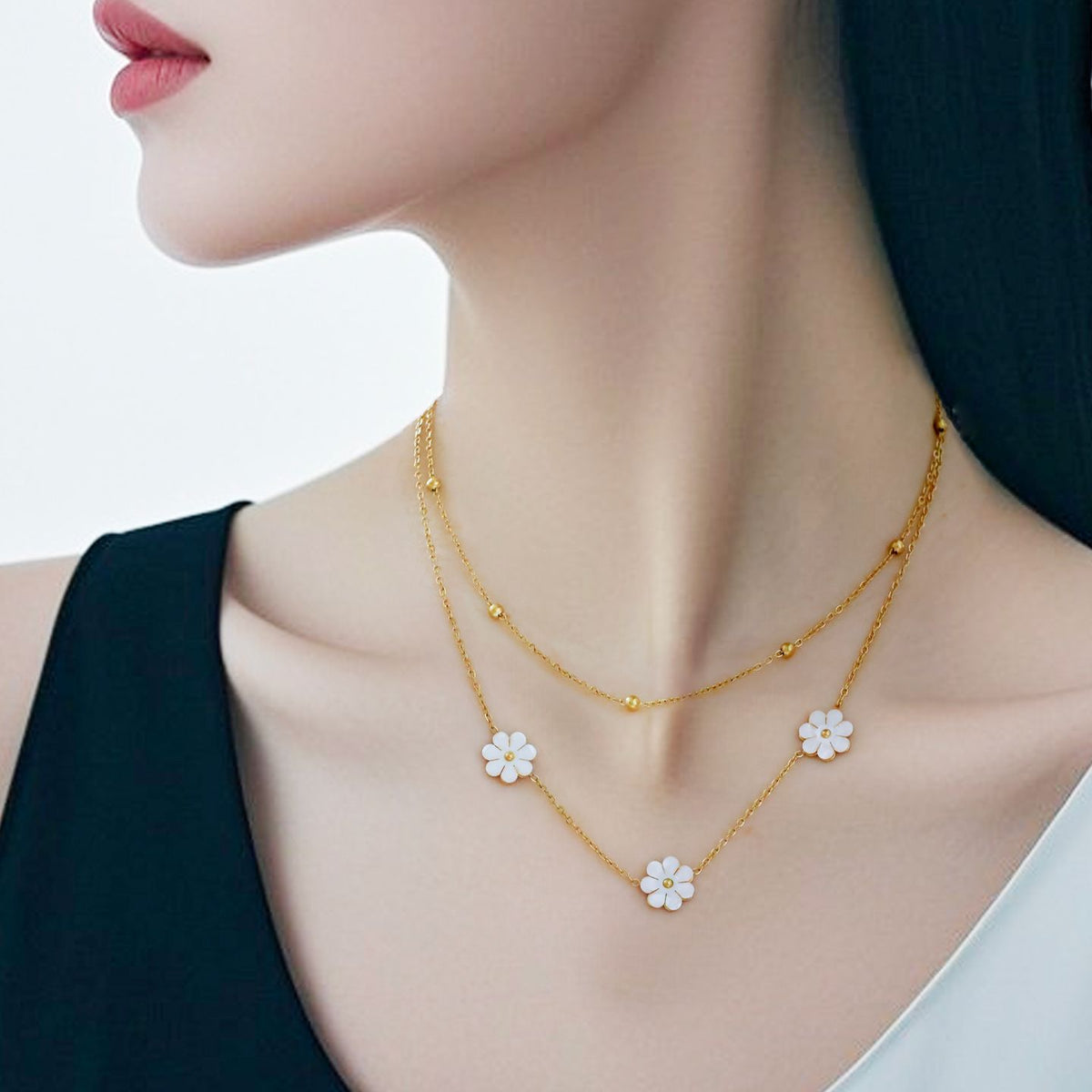 MYKI Gold-Plated Floral Charm Double Layer Necklace (MK899G-SSYI)