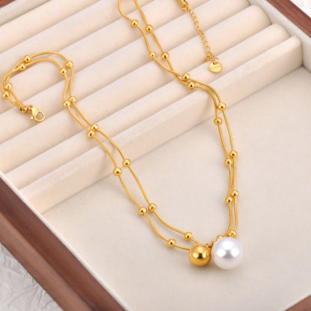 MYKI Gold-Plated Layered Pearl Pendant Necklace (MK904G-SSYI)