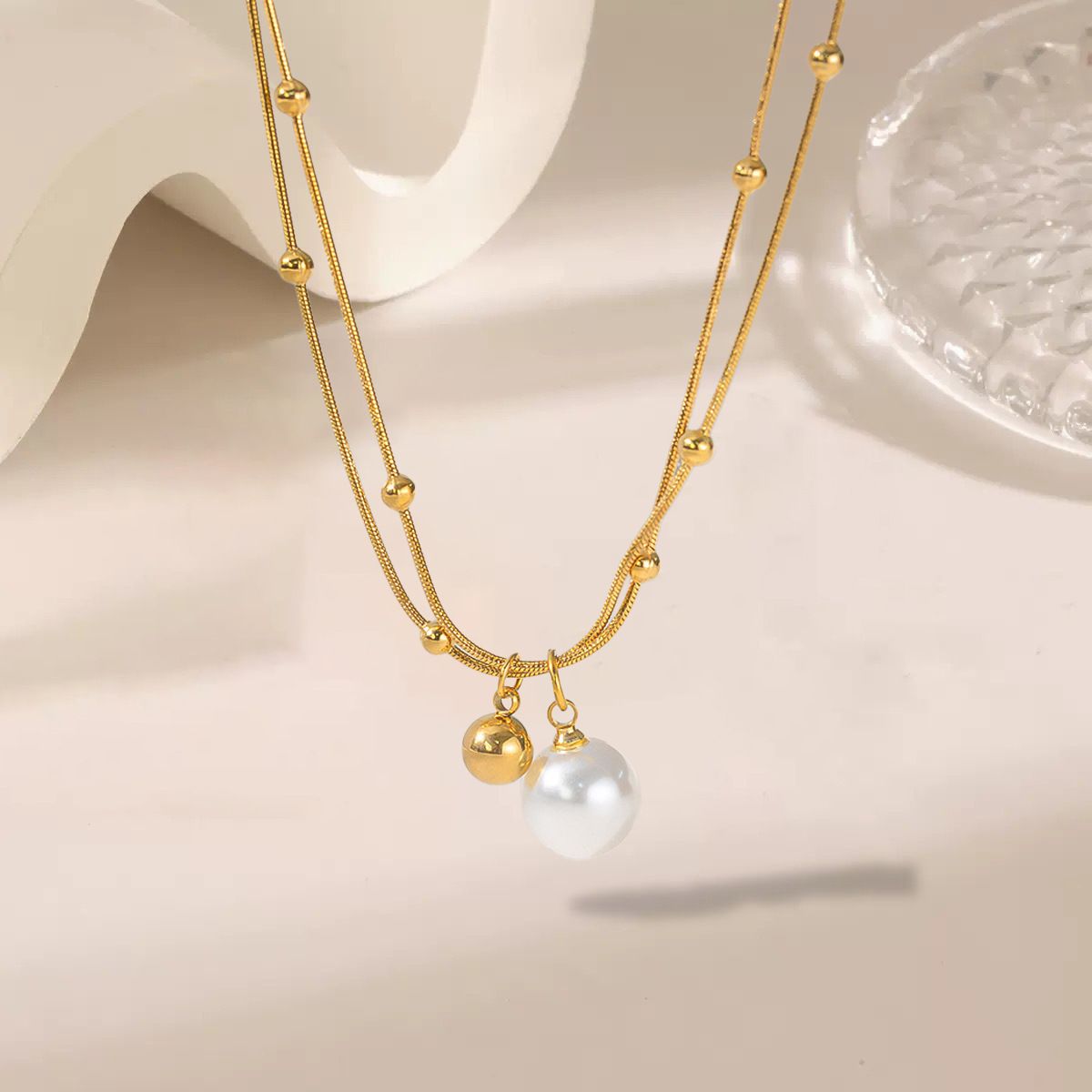 MYKI Gold-Plated Layered Pearl Pendant Necklace (MK904G-SSYI)