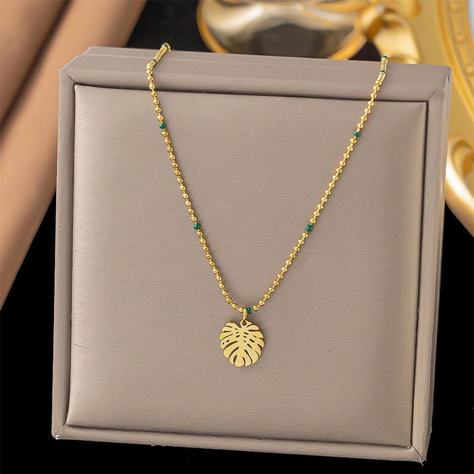 MYKI Gold-Plated Leaf Pendant Beaded Chain Necklace (MK906G-SSYI)