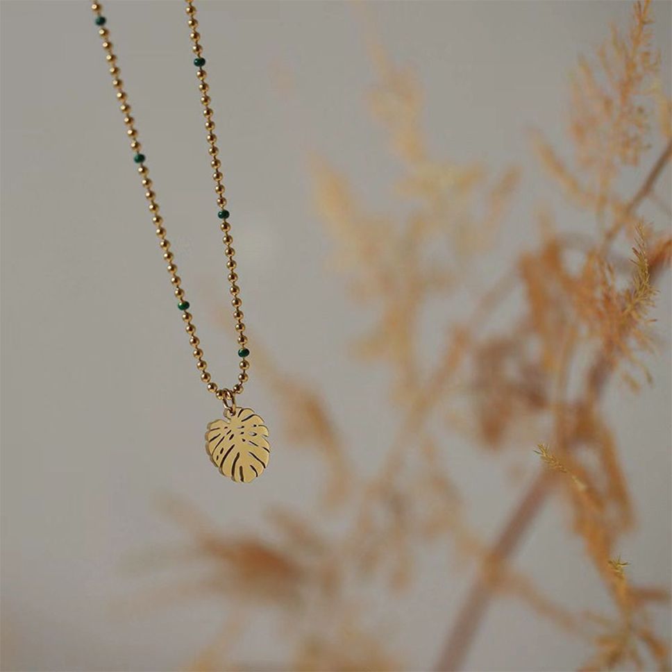 MYKI Gold-Plated Leaf Pendant Beaded Chain Necklace (MK906G-SSYI)