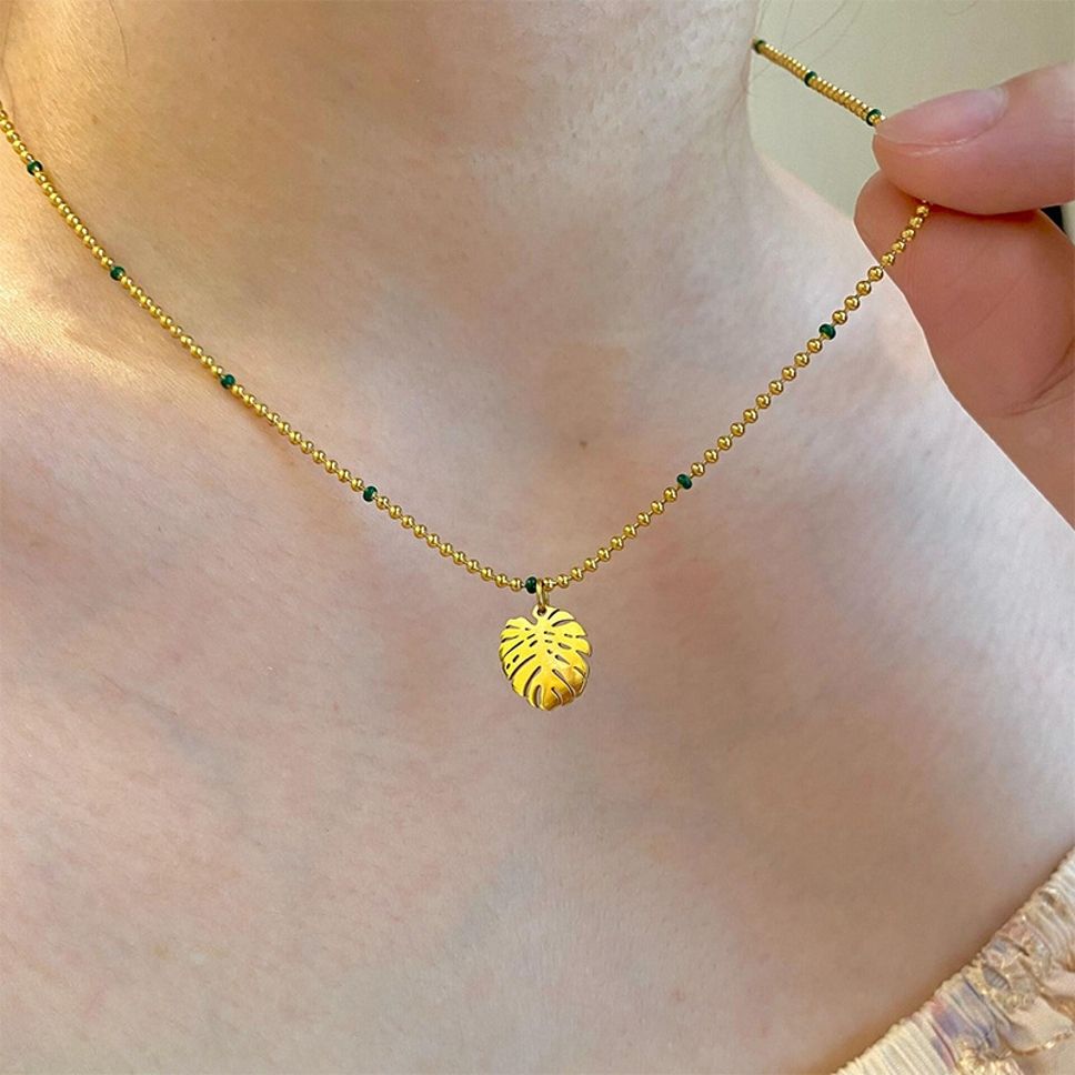 MYKI Gold-Plated Leaf Pendant Beaded Chain Necklace (MK906G-SSYI)
