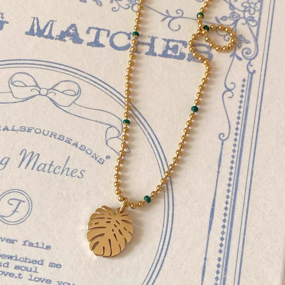 MYKI Gold-Plated Leaf Pendant Beaded Chain Necklace (MK906G-SSYI)