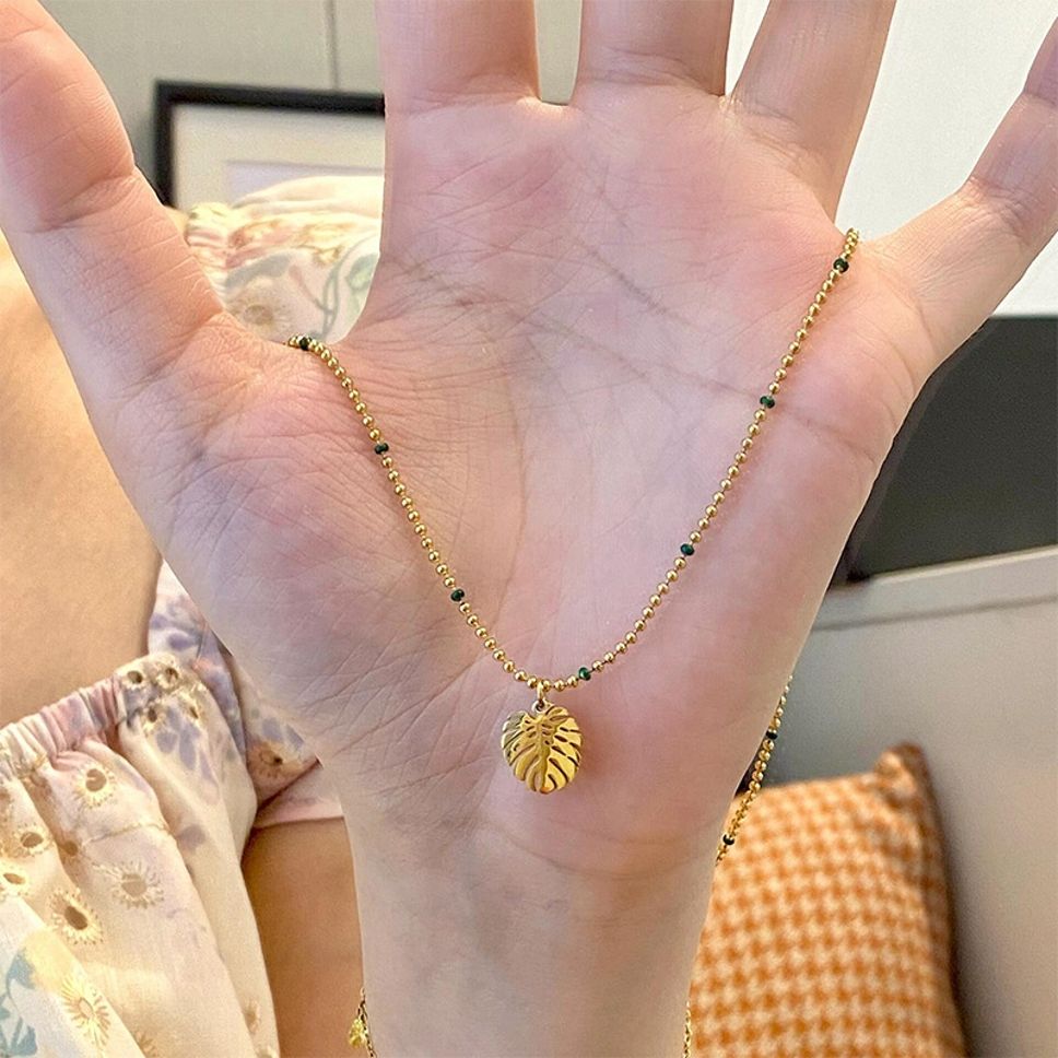 MYKI Gold-Plated Leaf Pendant Beaded Chain Necklace (MK906G-SSYI)