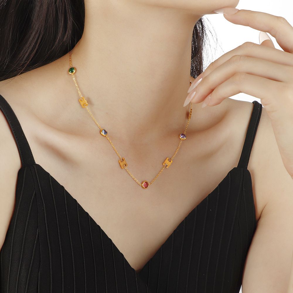 MYKI Color Stone Accent Gold Necklace (MK912G-SSYI)