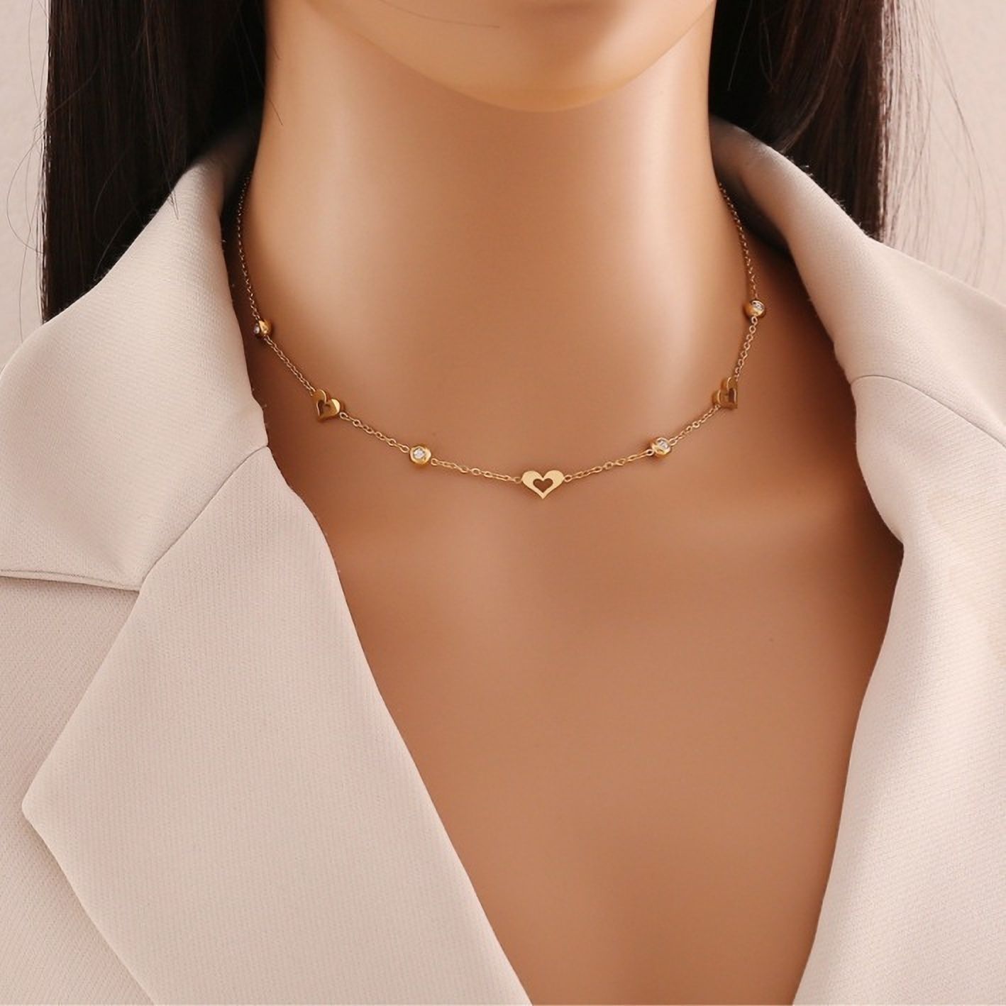 MYKI Anti-Tarnish Gold Heart Link Necklace with Crystals (MK920G-SSYI)