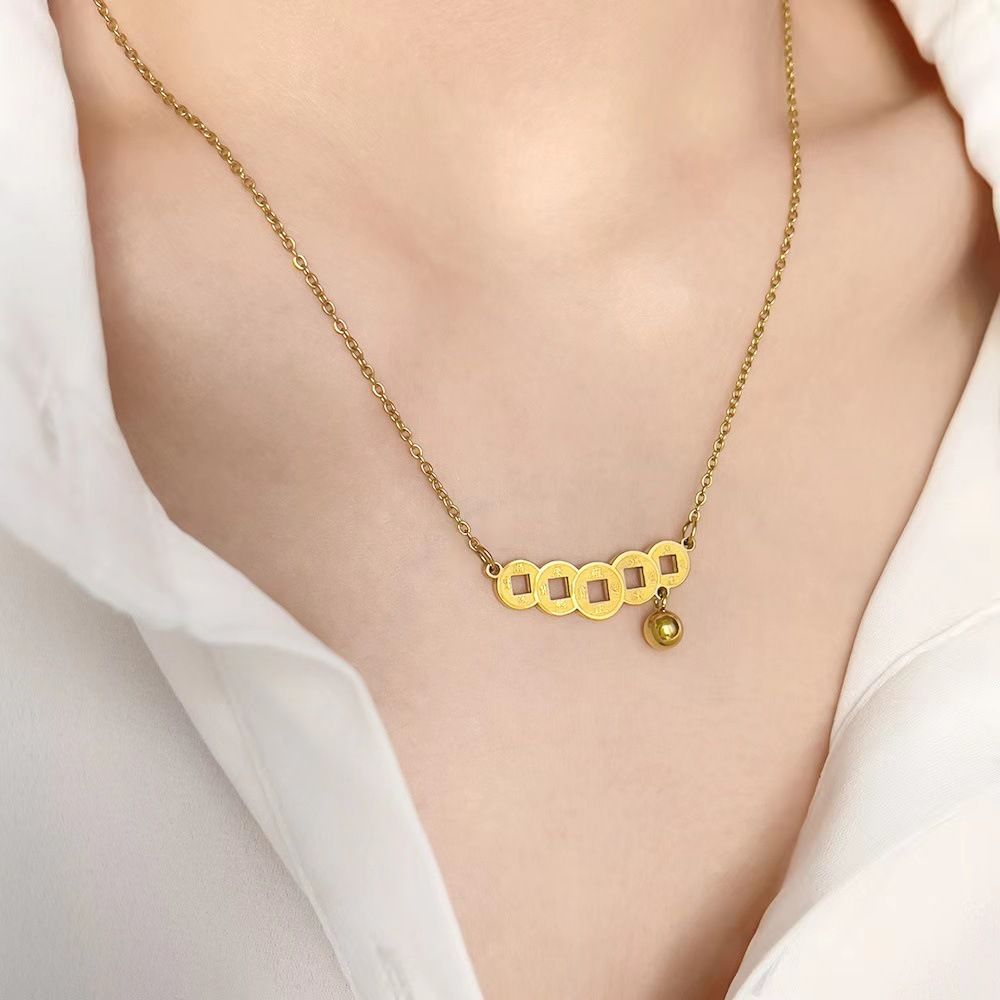 MYKI Anti-Tarnish Geometric Coin Charm Gold Necklace (MK923G-SSYI)