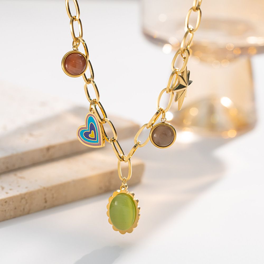 MYKI Anti-Tarnish Charm Statement Necklace with Multi-Pendants (MK929G-SSYI)