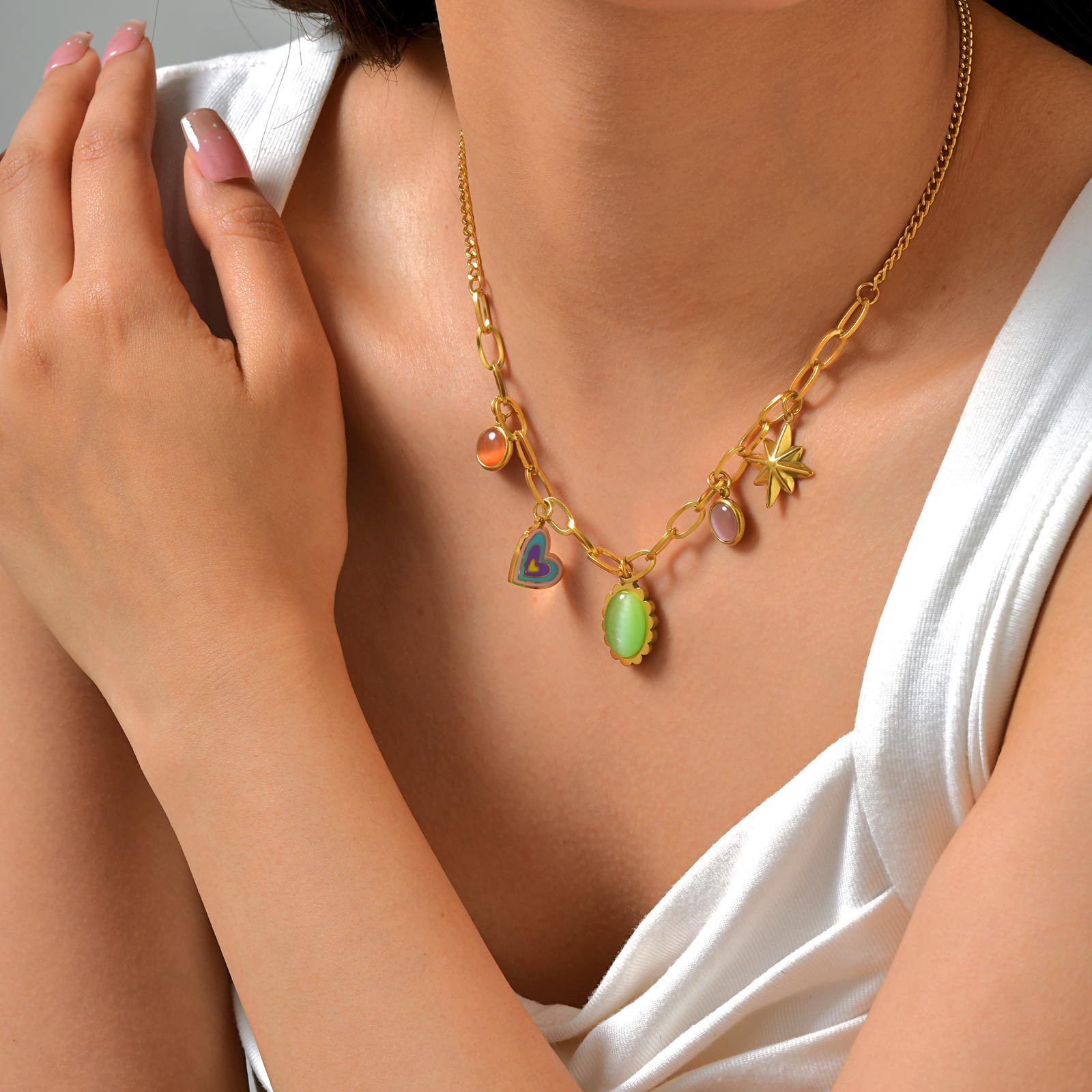 MYKI Anti-Tarnish Charm Statement Necklace with Multi-Pendants (MK929G-SSYI)