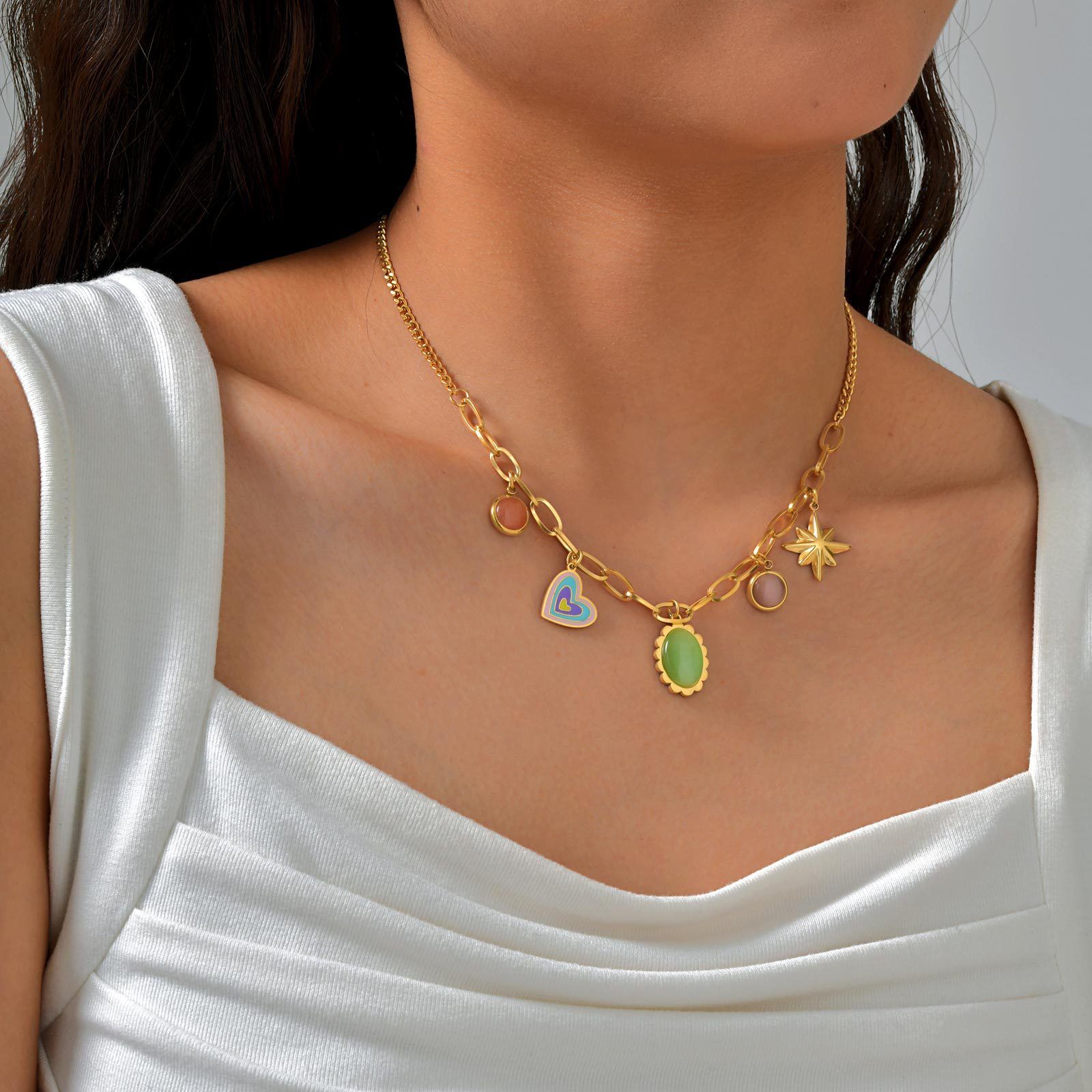 MYKI Anti-Tarnish Charm Statement Necklace with Multi-Pendants (MK929G-SSYI)