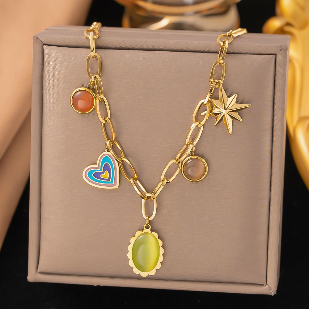 MYKI Anti-Tarnish Charm Statement Necklace with Multi-Pendants (MK929G-SSYI)
