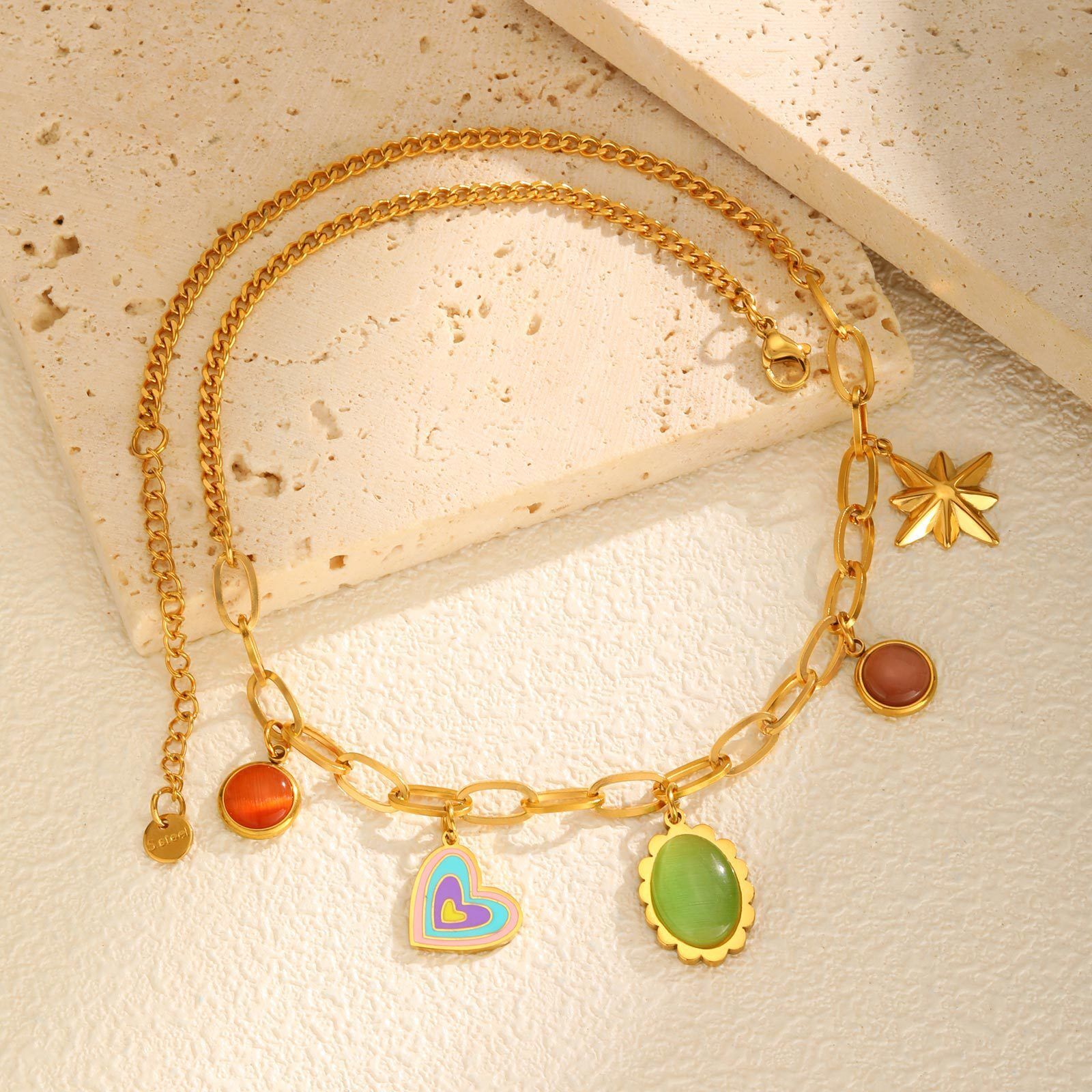 MYKI Anti-Tarnish Charm Statement Necklace with Multi-Pendants (MK929G-SSYI)