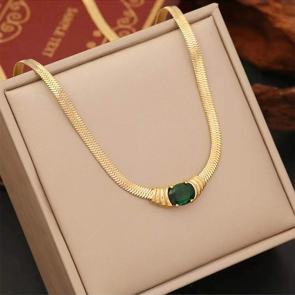 MYKI Anti-Tarnish Green Stone Gold Collar Necklace (MK930G-SSYI)