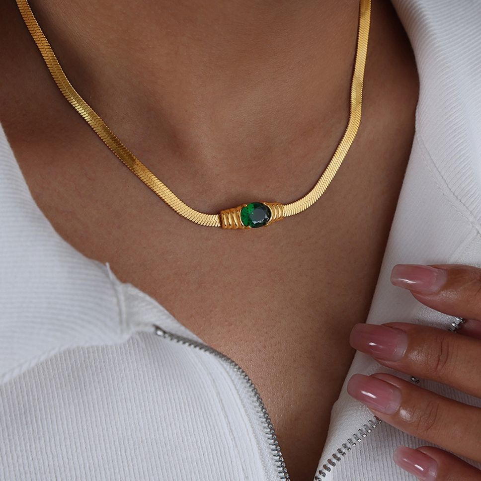 MYKI Anti-Tarnish Green Stone Gold Collar Necklace (MK930G-SSYI)