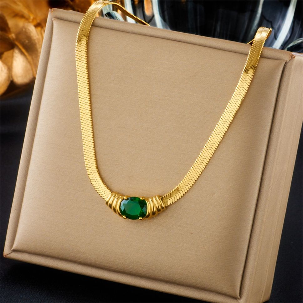 MYKI Anti-Tarnish Green Stone Gold Collar Necklace (MK930G-SSYI)