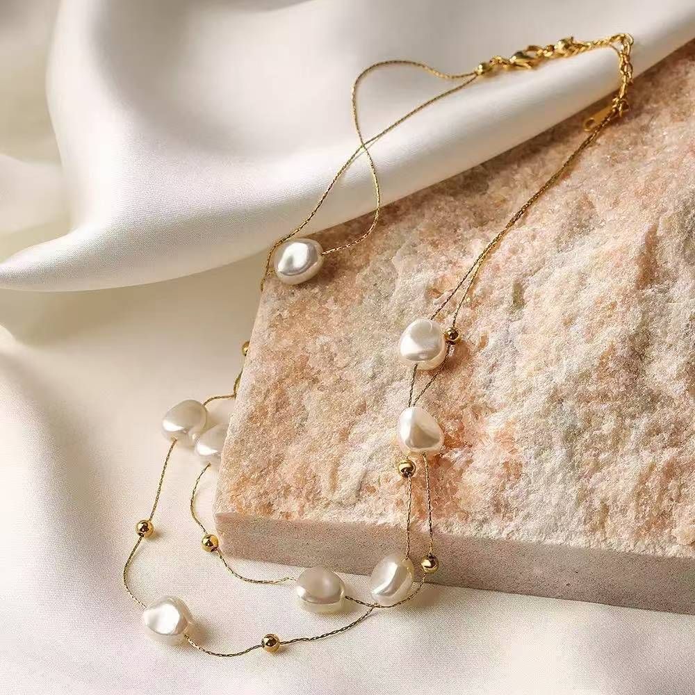 MYKI Anti-Tarnish Dual Layer Pearl Beaded Gold Necklace (MK933G-SSYI)