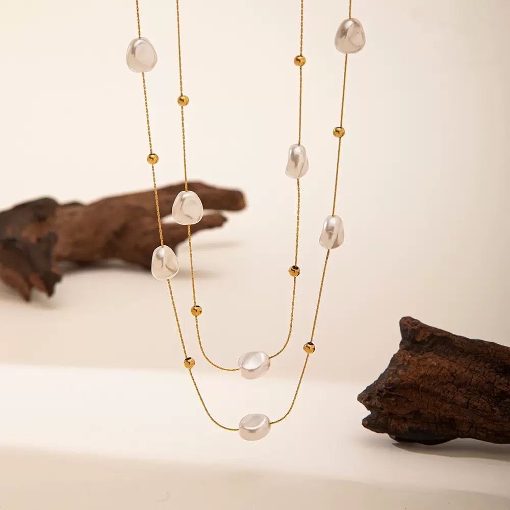 MYKI Anti-Tarnish Dual Layer Pearl Beaded Gold Necklace (MK933G-SSYI)