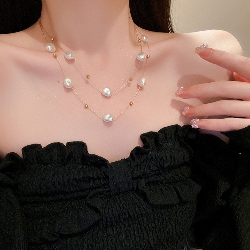 MYKI Anti-Tarnish Dual Layer Pearl Beaded Gold Necklace (MK933G-SSYI)