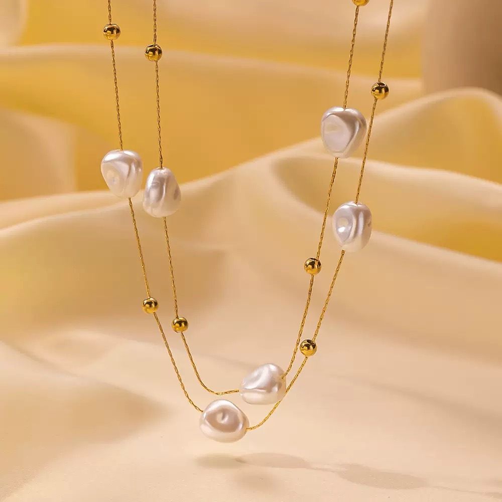MYKI Anti-Tarnish Dual Layer Pearl Beaded Gold Necklace (MK933G-SSYI)