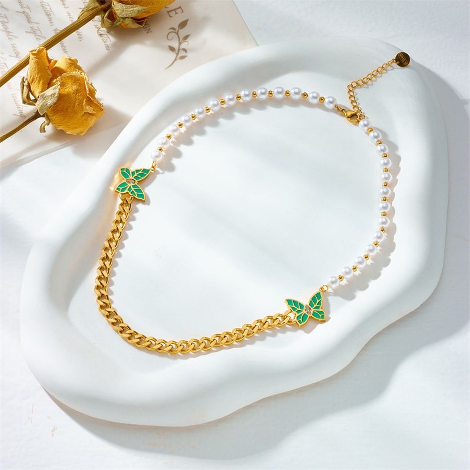 MYKI Anti-Tarnish Green Butterfly Gold Chain Necklace (MK936G-SSYI)