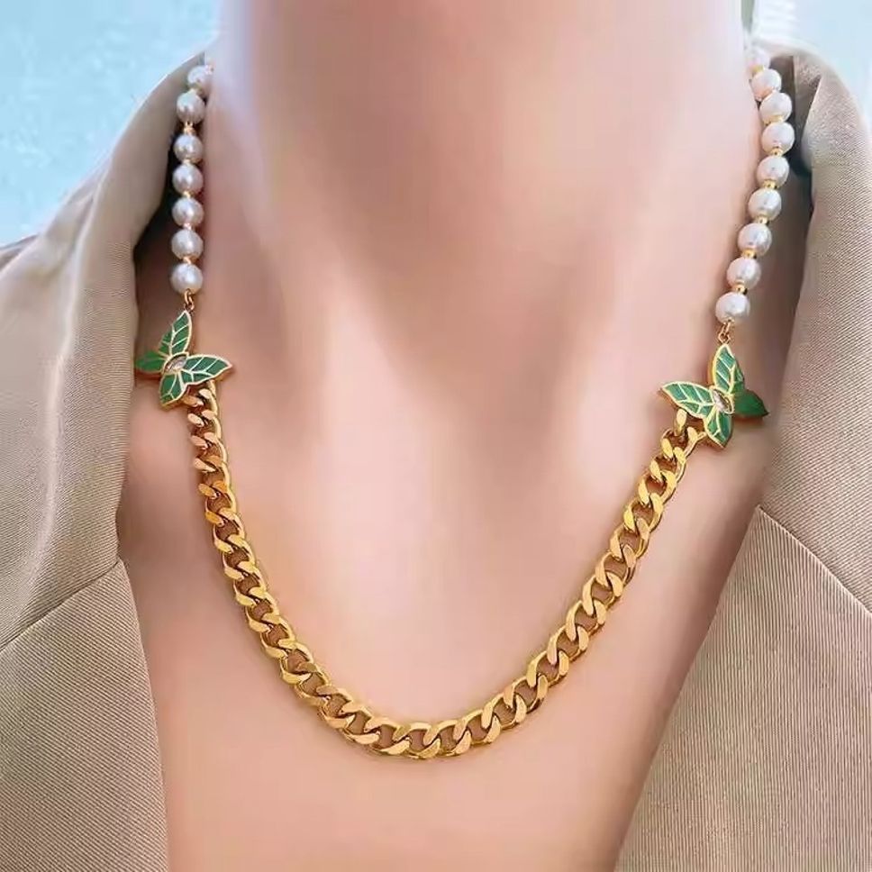MYKI Anti-Tarnish Green Butterfly Gold Chain Necklace (MK936G-SSYI)