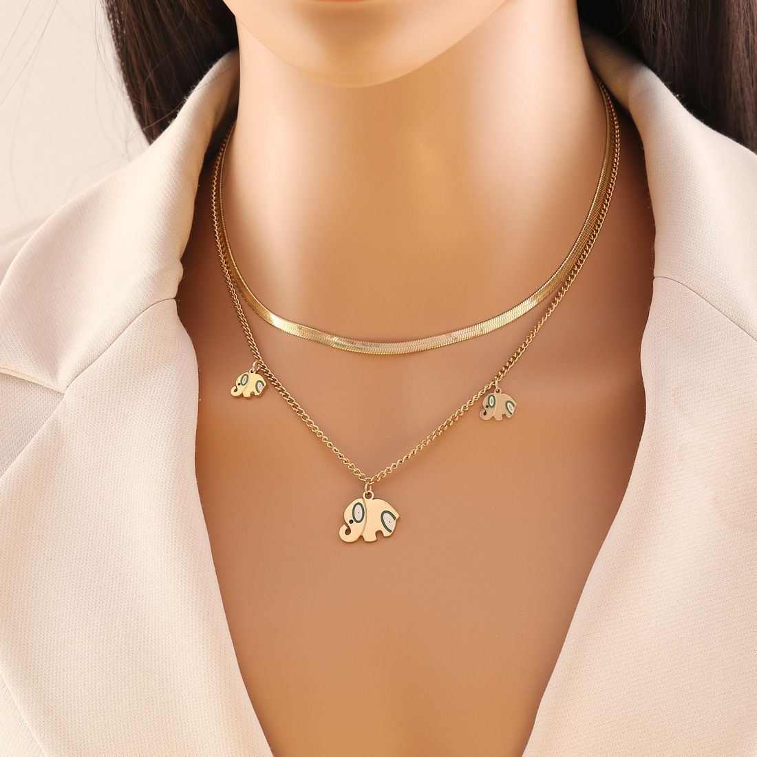 MYKI Anti-Tarnish Elephant Double Layer Necklace (MK939G-SSYI)