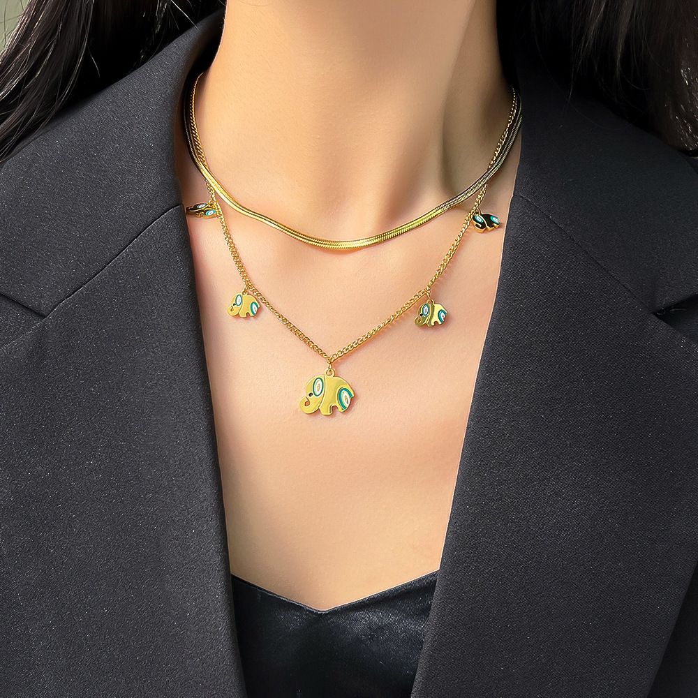 MYKI Anti-Tarnish Elephant Double Layer Necklace (MK939G-SSYI)