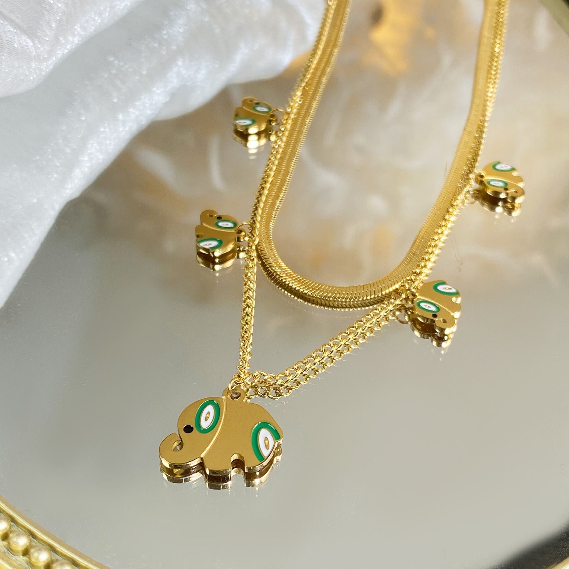 MYKI Anti-Tarnish Elephant Double Layer Necklace (MK939G-SSYI)