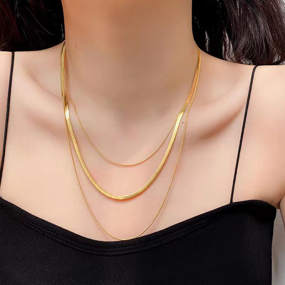 MYKI Anti-Tarnish Dual Layer Flat Snake Gold Chain Necklace (MK950G-SSYI)