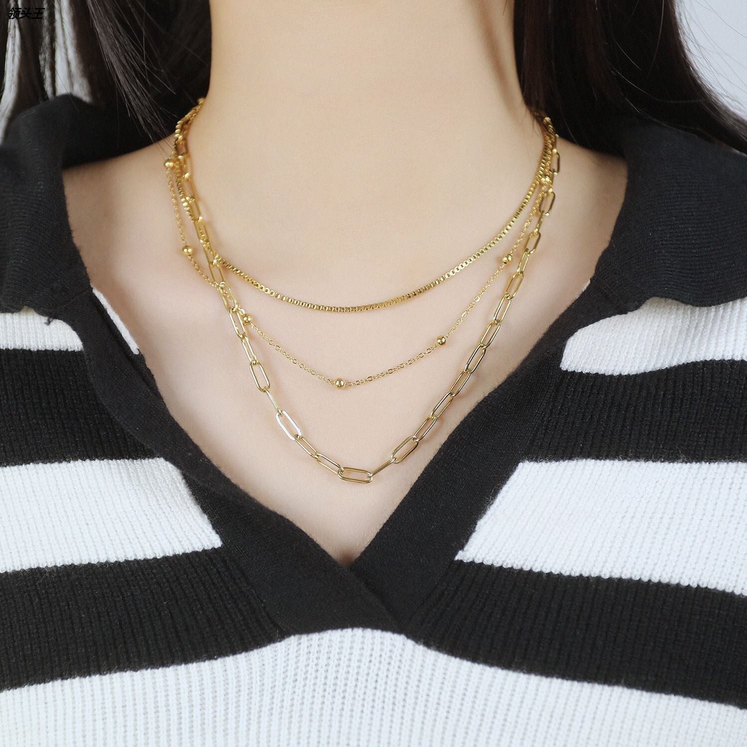 MYKI Anti-Tarnish Multi-Layer Paperclip Gold Chain Necklace (MK957G-SSYI)