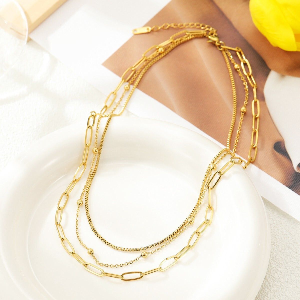 MYKI Anti-Tarnish Multi-Layer Paperclip Gold Chain Necklace (MK957G-SSYI)