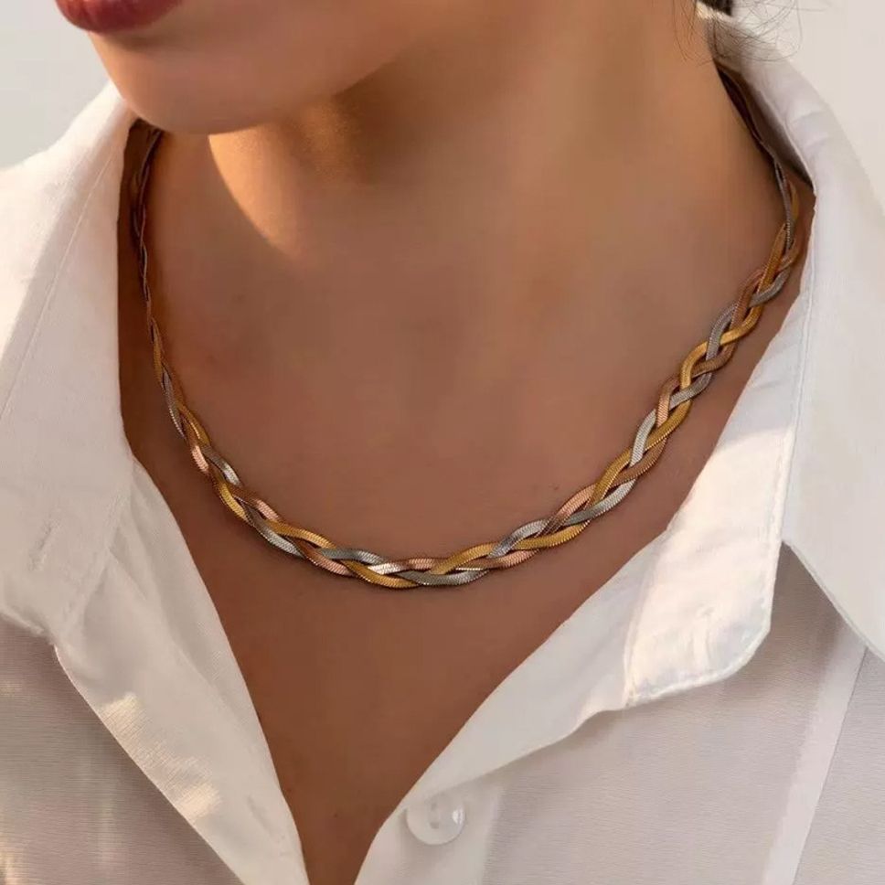 MYKI Anti-Tarnish Tri-Tone Braided Gold Necklace (MK961G-SSYI)