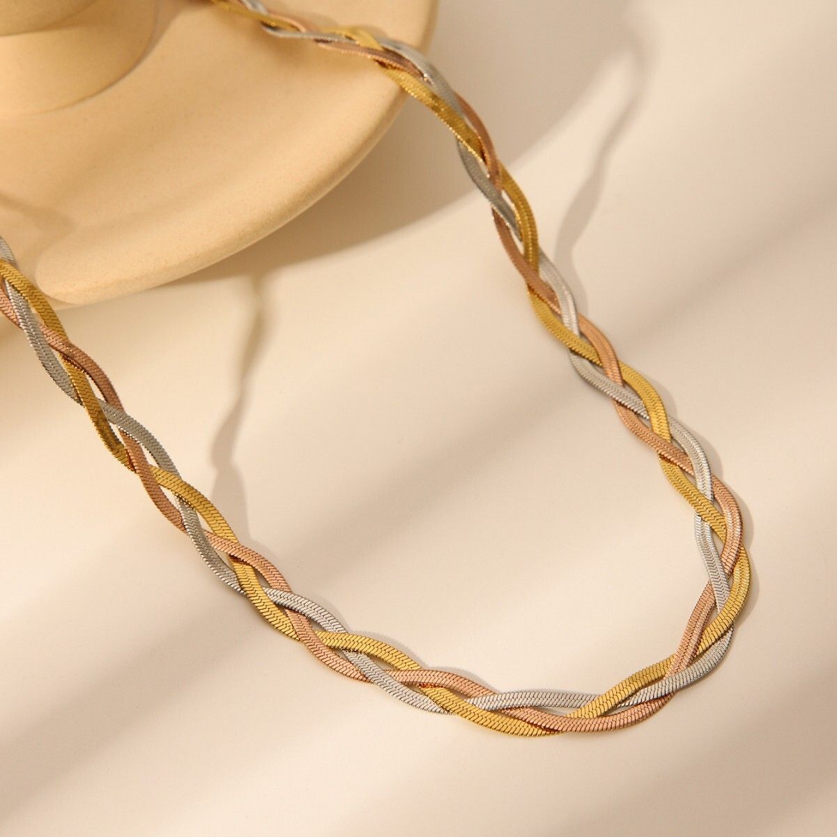 MYKI Anti-Tarnish Tri-Tone Braided Gold Necklace (MK961G-SSYI)