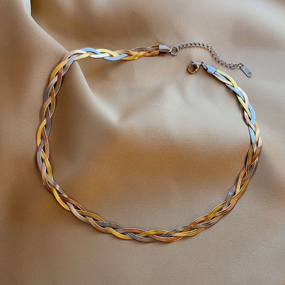 MYKI Anti-Tarnish Tri-Tone Braided Gold Necklace (MK961G-SSYI)