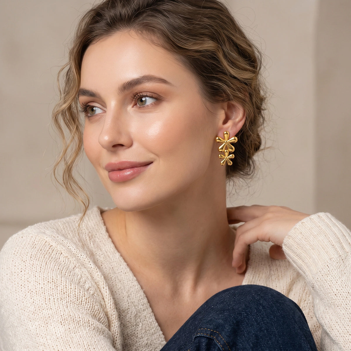 MYKI Gold Plated Double Flower Anti Tarnish Earrings | MYKI (MKERCH1006G-SSYI)