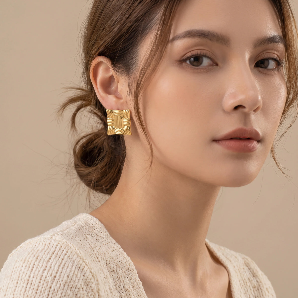 MYKI Gold Plated Textured Square Anti Tarnish Earrings | MYKI (MKERCH1009G-SSYI)