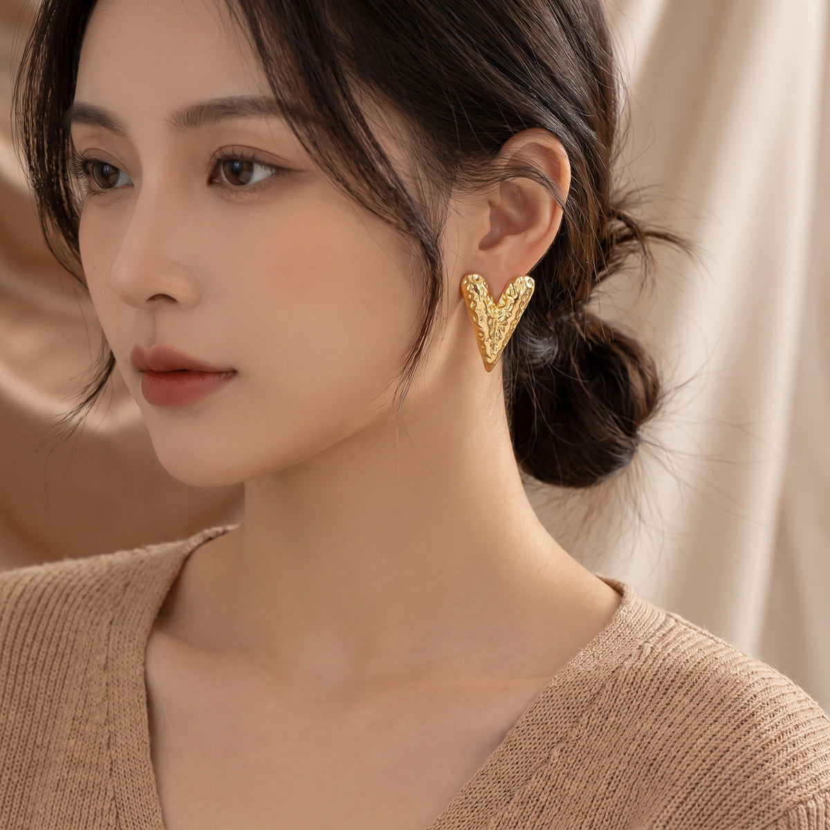 MYKI Gold Plated Textured Heart Anti Tarnish Earrings | MYKI (MKERCH1016G-SSYI)