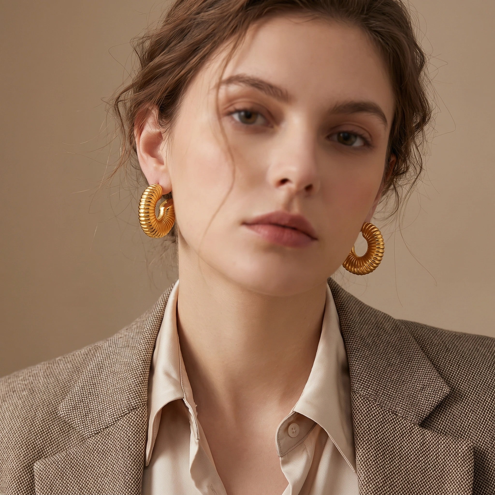 MYKI Gold Plated Crescent Ribbed Hoop Earrings | MYKI (MKERCH1026G-SSYI)